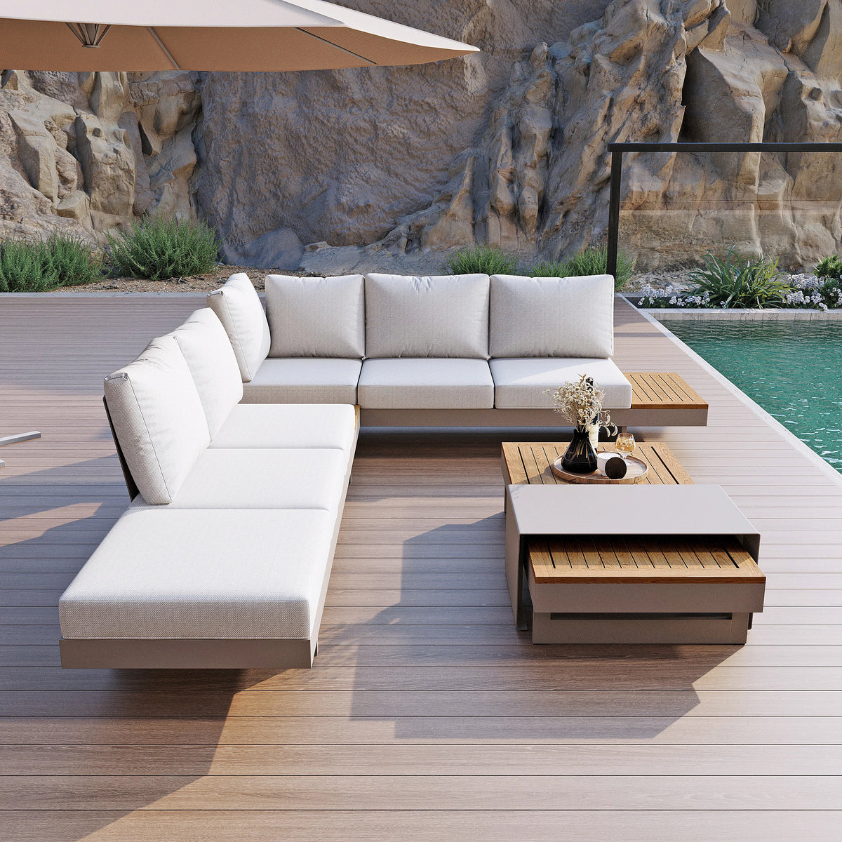 Gartenmöbel-Set für 4 Personen + 1 Tisch aus beigem Seilgeflecht und Holz